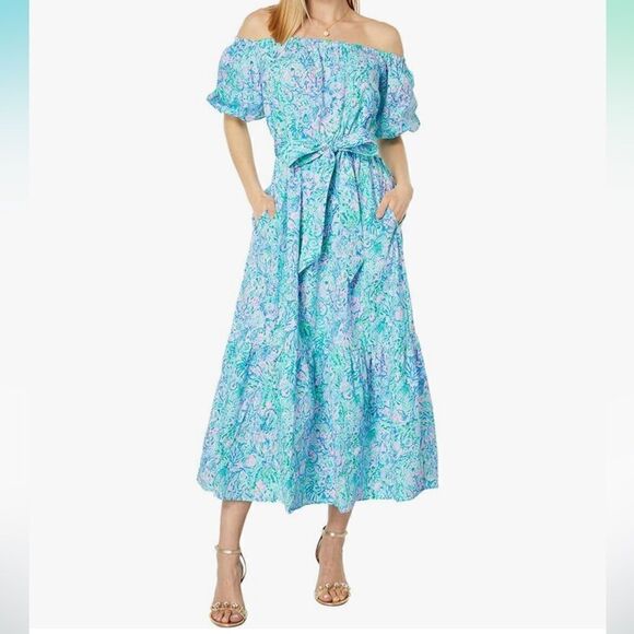NWT Lilly Pulitzer Tamie Off-the-Shoulder Dress - Surf Blue‎ Soleil It On XXS - Picture 1 of 9
